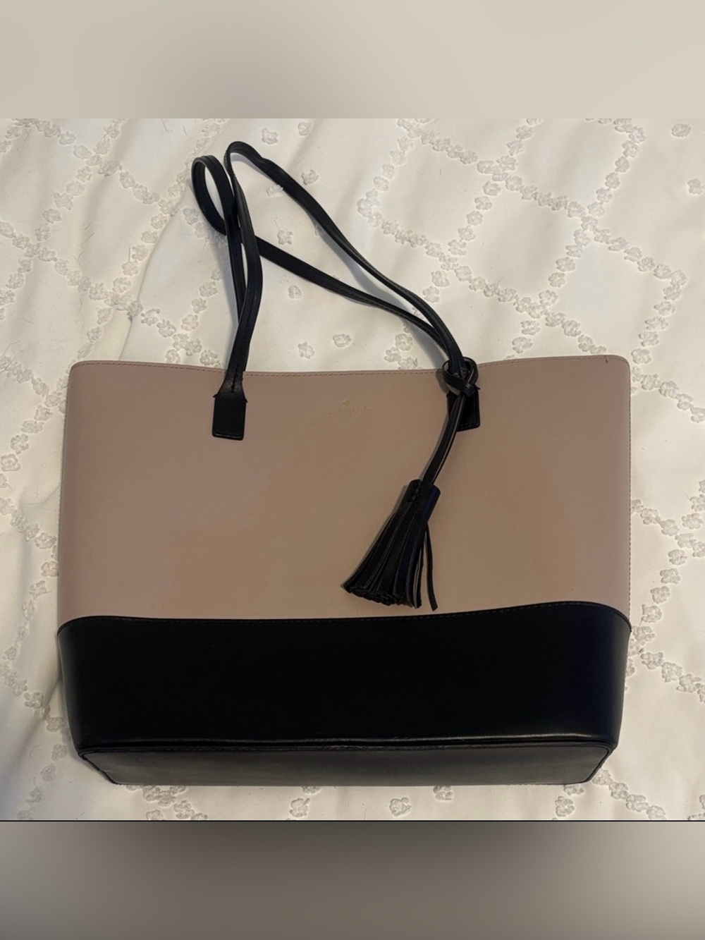 Kate Spade Two-Tone Taupe and Black Leather Tote with Tassel